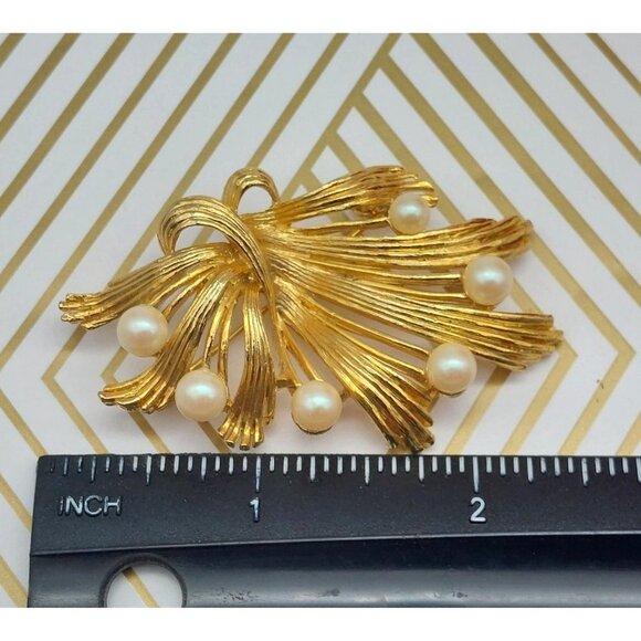 Vintage 1980's M JENT Gold Tone Art Deco Simulated Pearl Spray 2.5" Brooch Pin - Picture 7 of 7